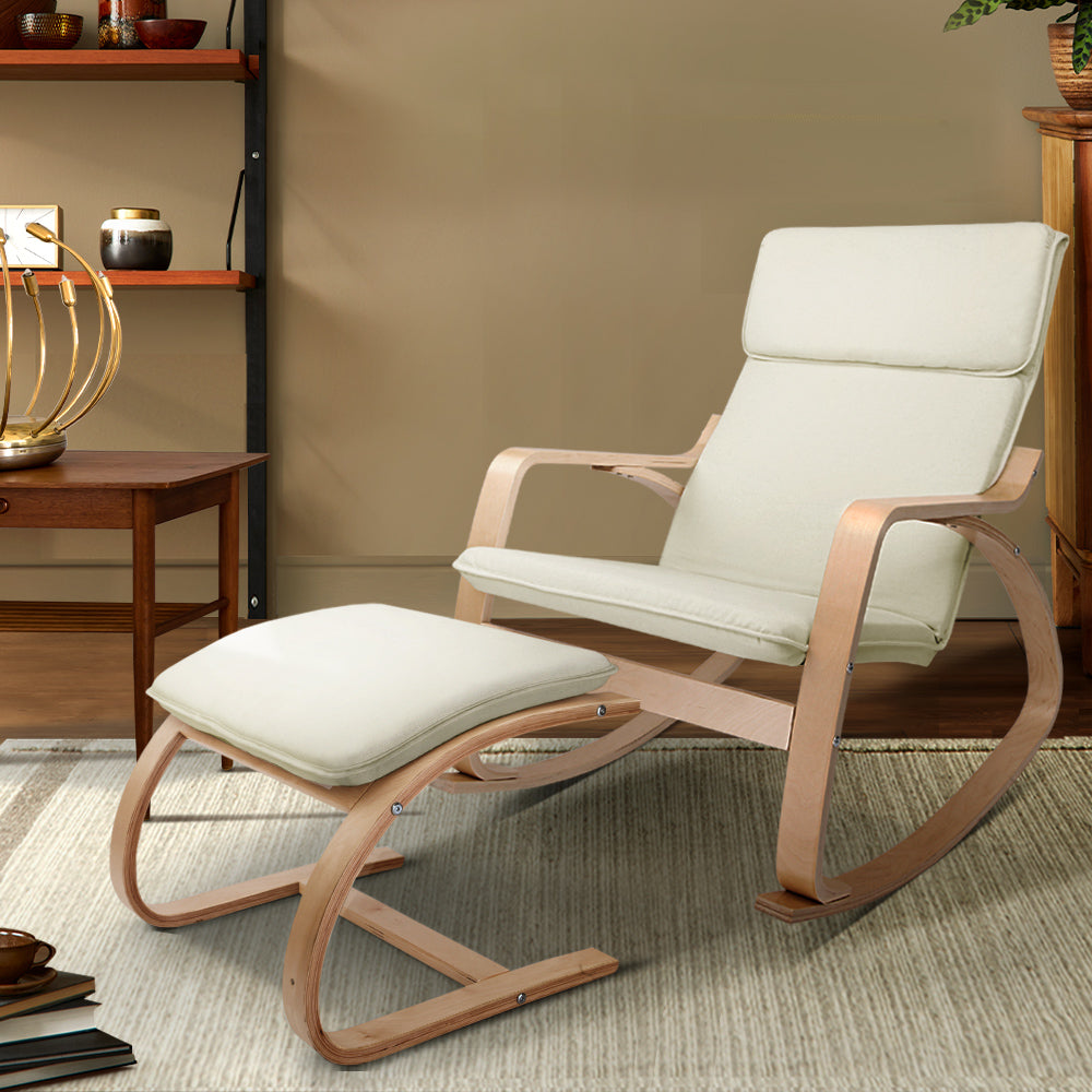 Artiss Wooden Armchair with Foot Stool in Beige, featuring a bentwood design and soft cotton upholstery for ultimate comfort.