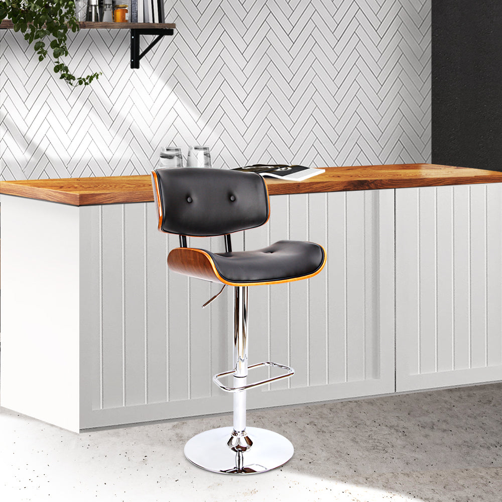 Artiss Wooden Gas Lift Bar Stool featuring a black PU leather seat and a chrome base, showcasing its elegant design and sturdy construction.