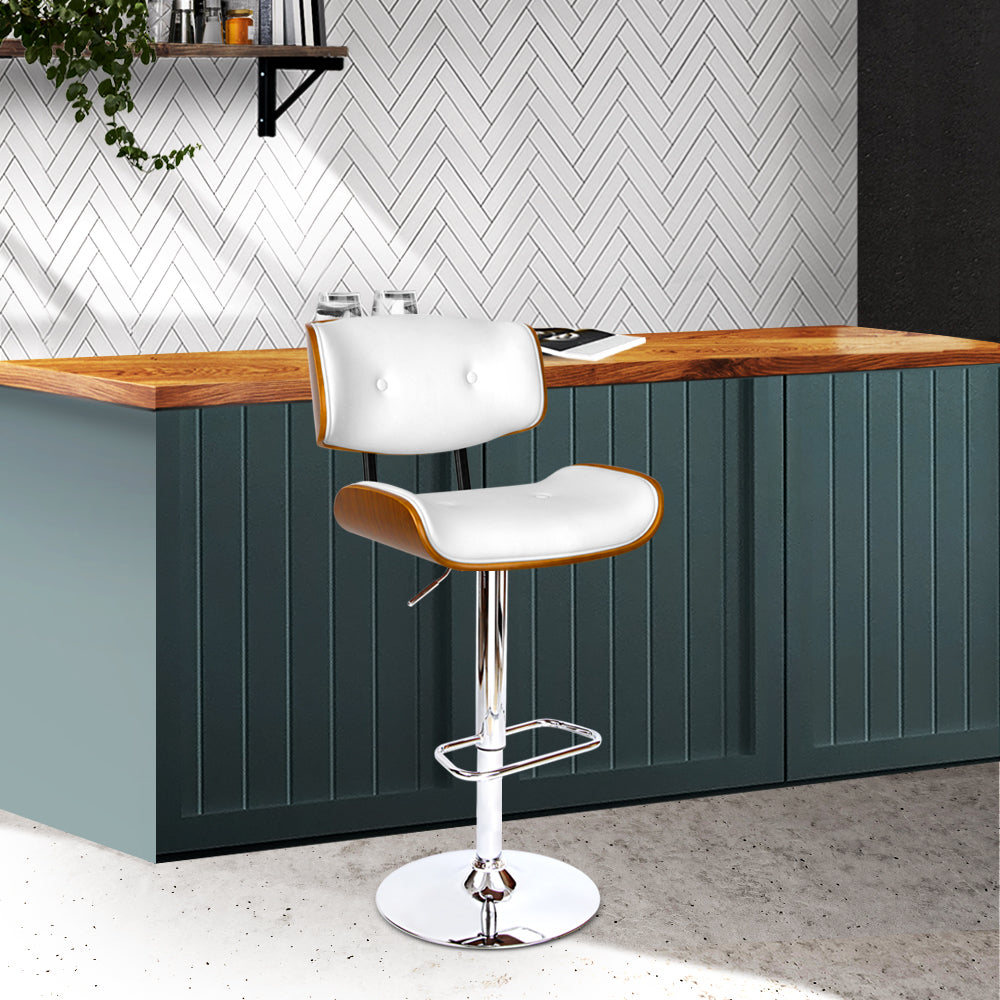 Artiss Wooden Gas Lift Bar Stool featuring a white PU leather seat and chrome base, designed for comfort and style.