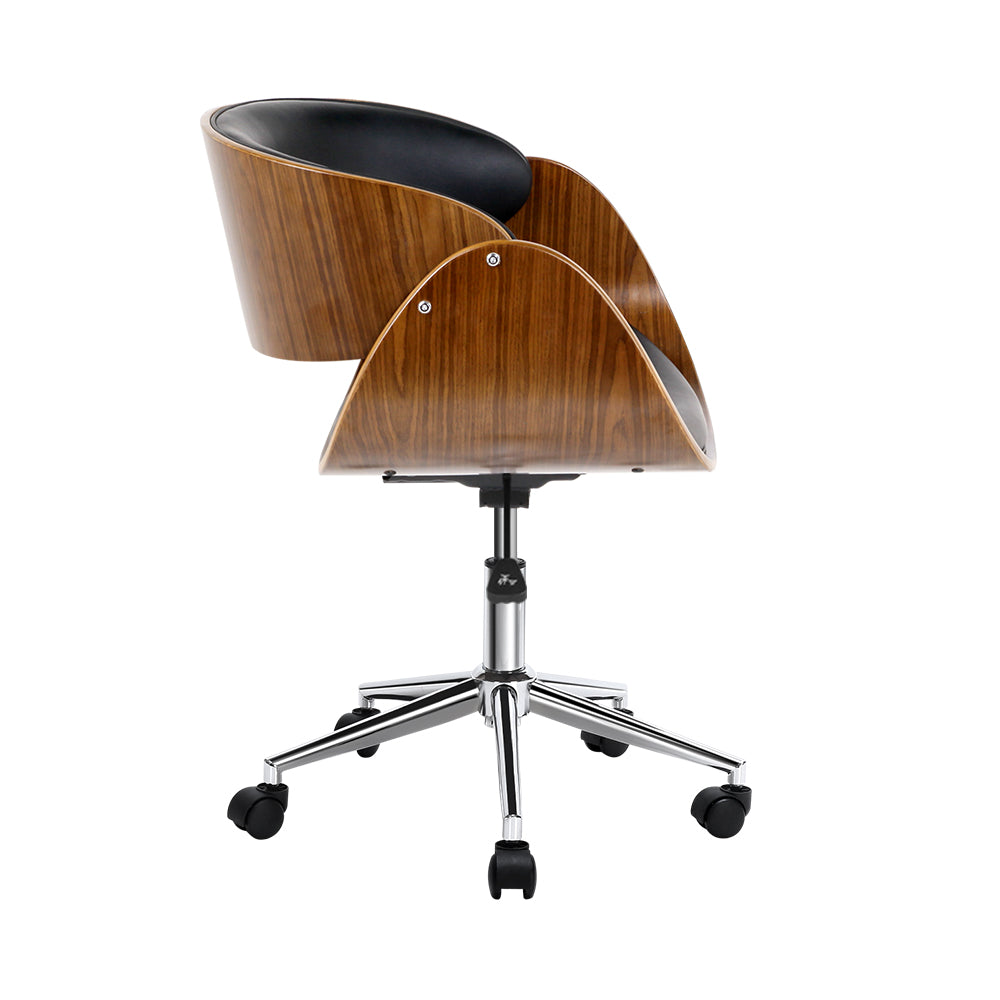 Artiss Wooden & PU Leather Office Desk Chair in black with a stylish wooden frame and chrome base, featuring a cushioned seat and back.