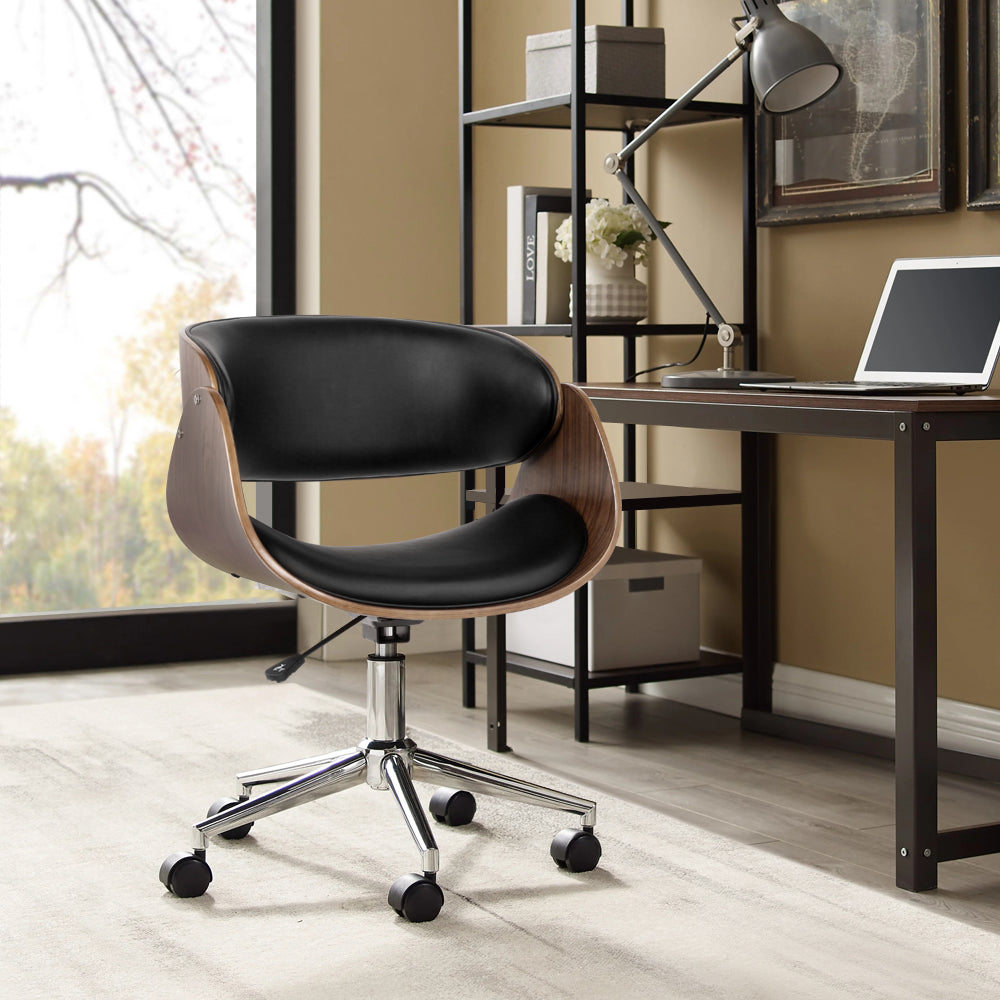 Artiss Wooden & PU Leather Office Desk Chair in black with a stylish wooden frame and chrome base, featuring a cushioned seat and back.