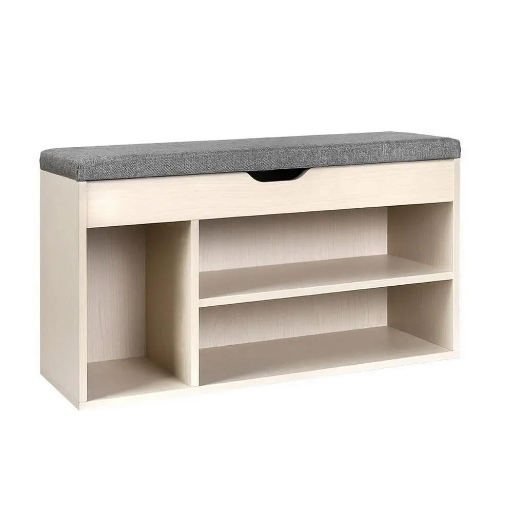 Artiss Wooden Shoe Organiser in natural finish with two open shelves, side compartment, and fabric bench for comfortable seating.