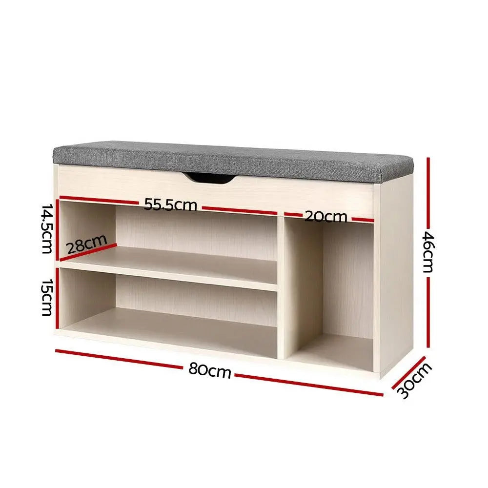 Artiss Wooden Shoe Organiser in natural finish with two open shelves, side compartment, and fabric bench for comfortable seating.