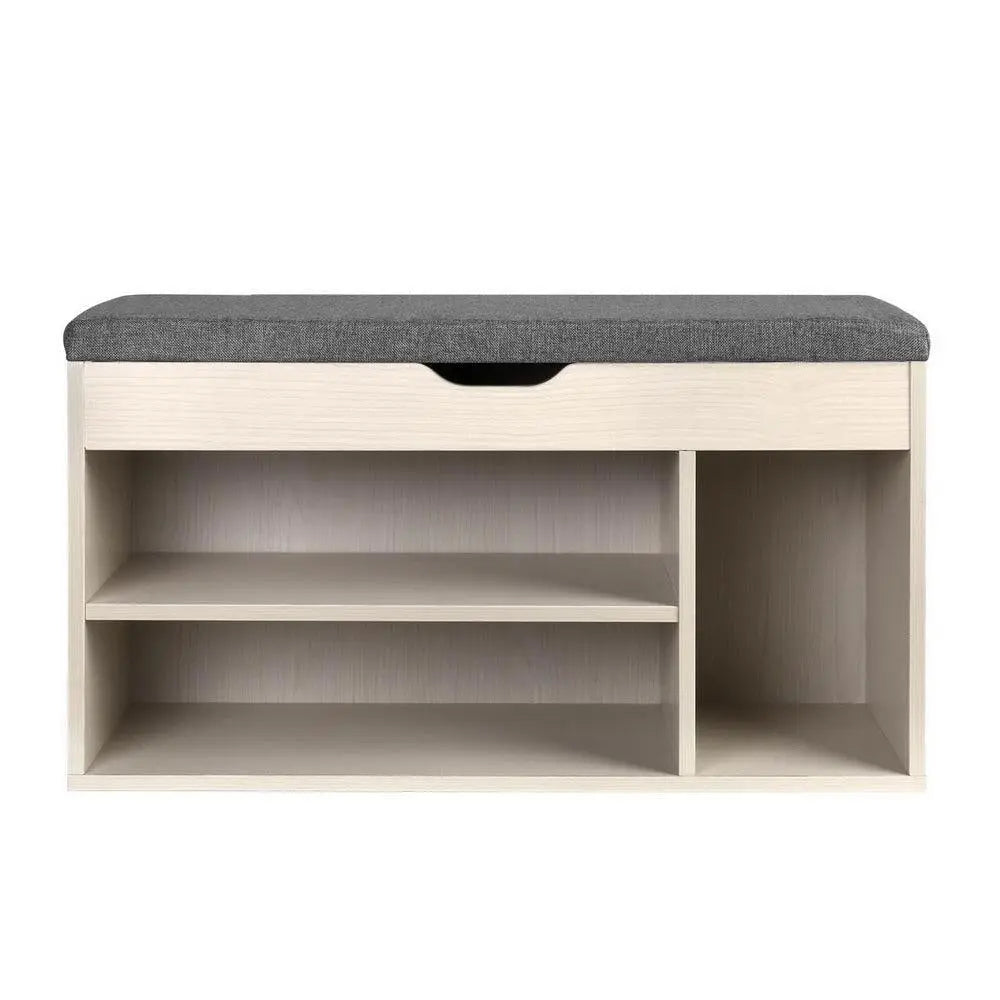 Artiss Wooden Shoe Organiser in natural finish with two open shelves, side compartment, and fabric bench for comfortable seating.