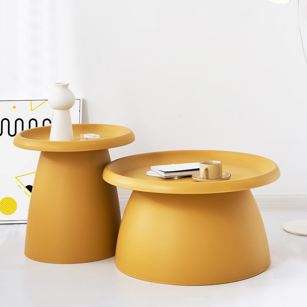 ArtissIn Coffee Table Mushroom Nordic Round Large Side Table in vibrant yellow, featuring smooth rounded corners and a wide pedestal base.