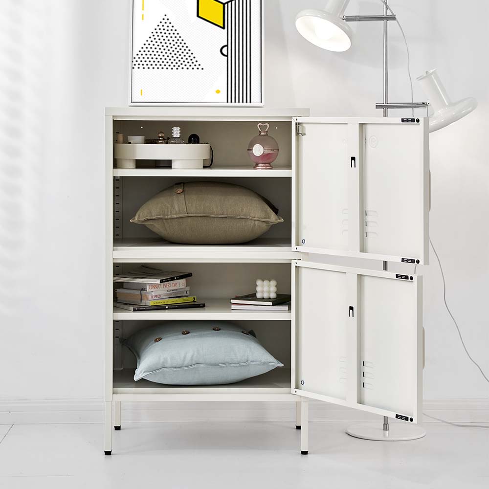 ArtissIn Double Storage Cabinet in White, featuring adjustable shelves and a sleek design, perfect for bedroom organization.