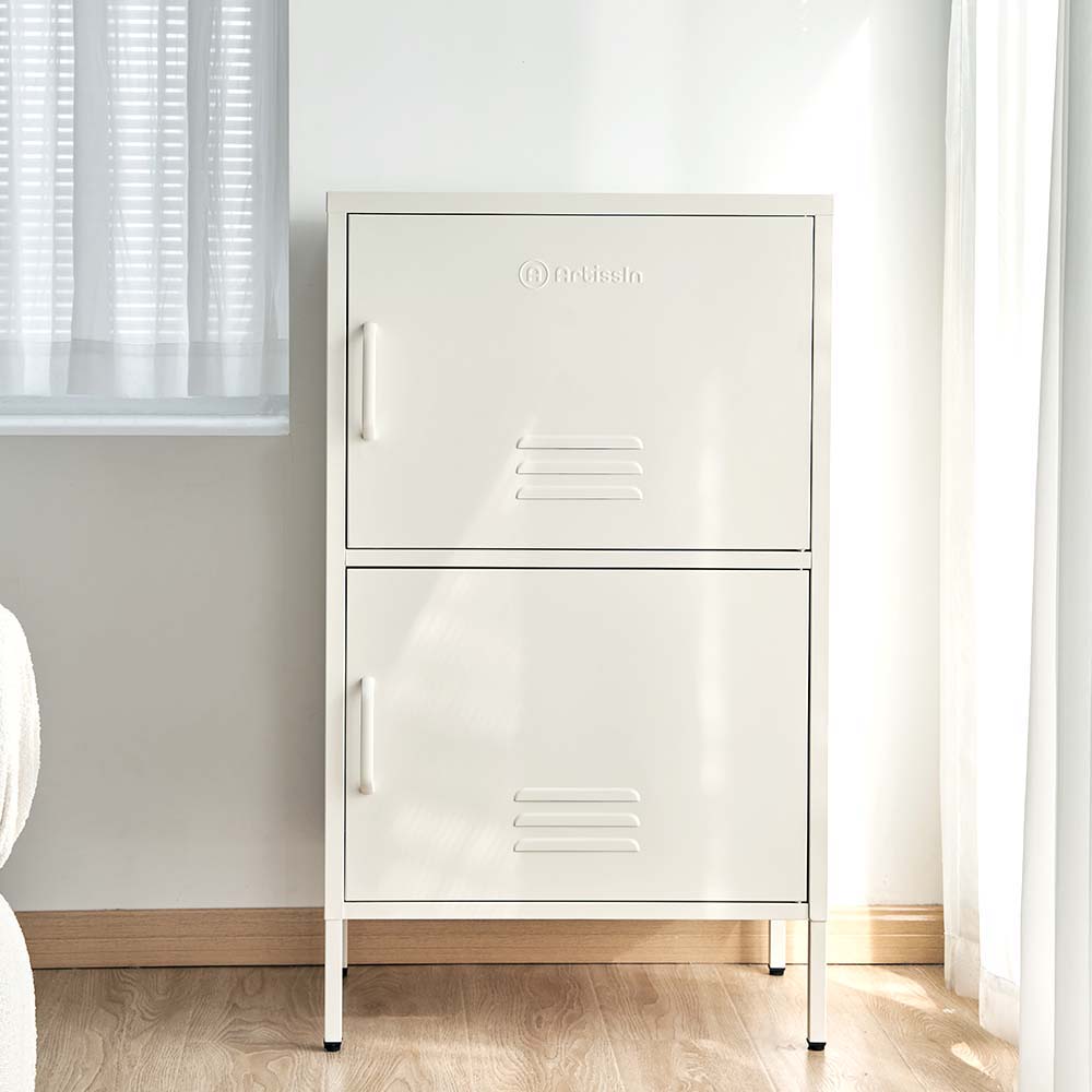 ArtissIn Double Storage Cabinet in White, featuring adjustable shelves and a sleek design, perfect for bedroom organization.