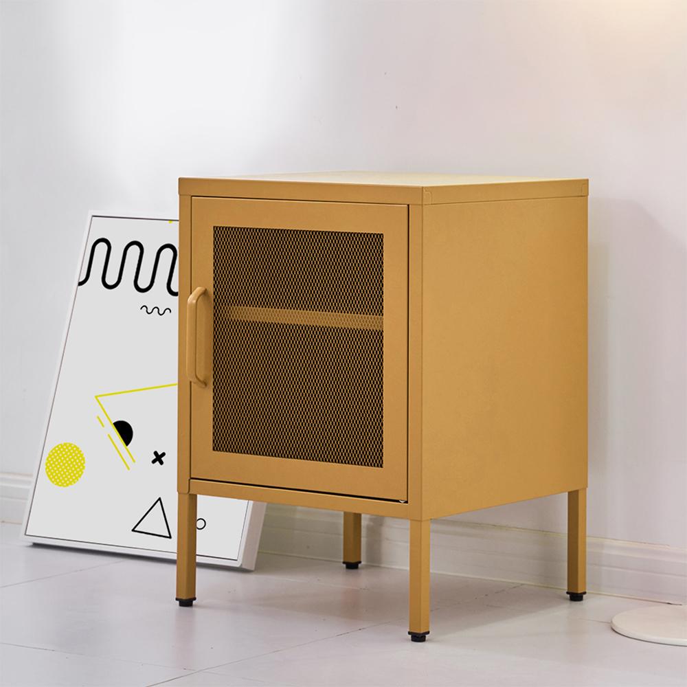 ArtissIn Mini Mesh Door Storage Cabinet in yellow, featuring a stylish design with a sturdy mesh door and adjustable shelf, perfect for bedside or living room use.