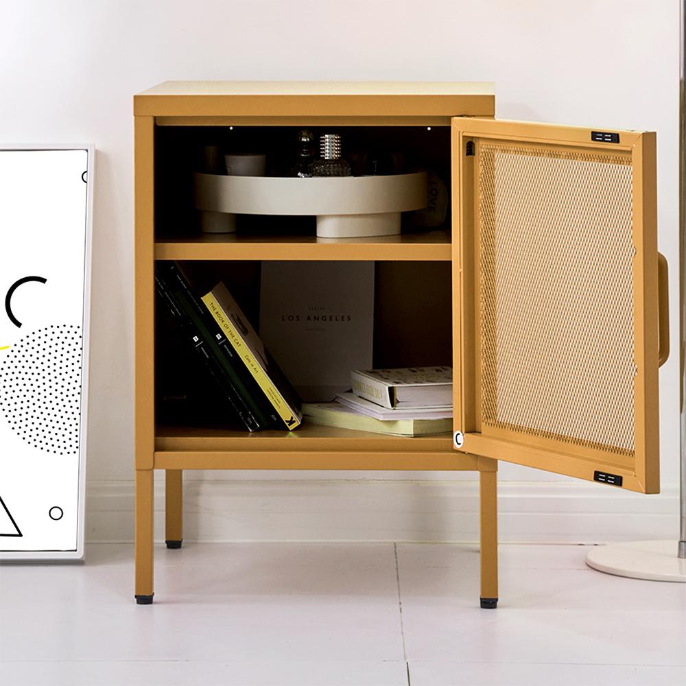 ArtissIn Mini Mesh Door Storage Cabinet in yellow, featuring a stylish design with a sturdy mesh door and adjustable shelf, perfect for bedside or living room use.