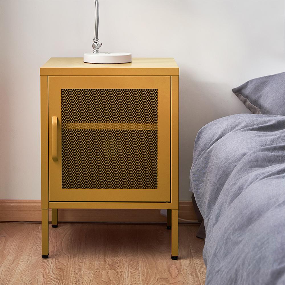 ArtissIn Mini Mesh Door Storage Cabinet in yellow, featuring a stylish design with a sturdy mesh door and adjustable shelf, perfect for bedside or living room use.