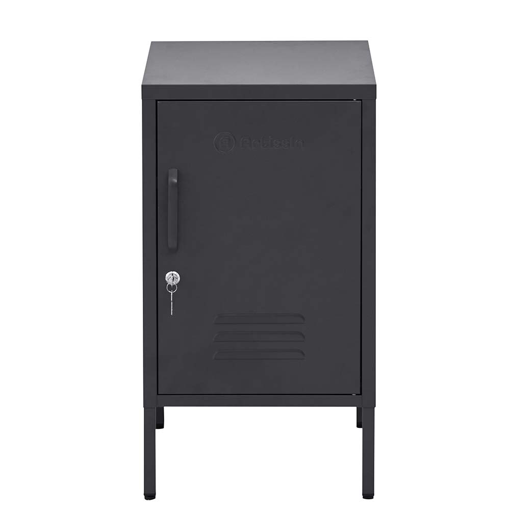 ArtissIn Mini Metal Locker in black, featuring a stylish design and adjustable shelf, perfect for bedroom storage.