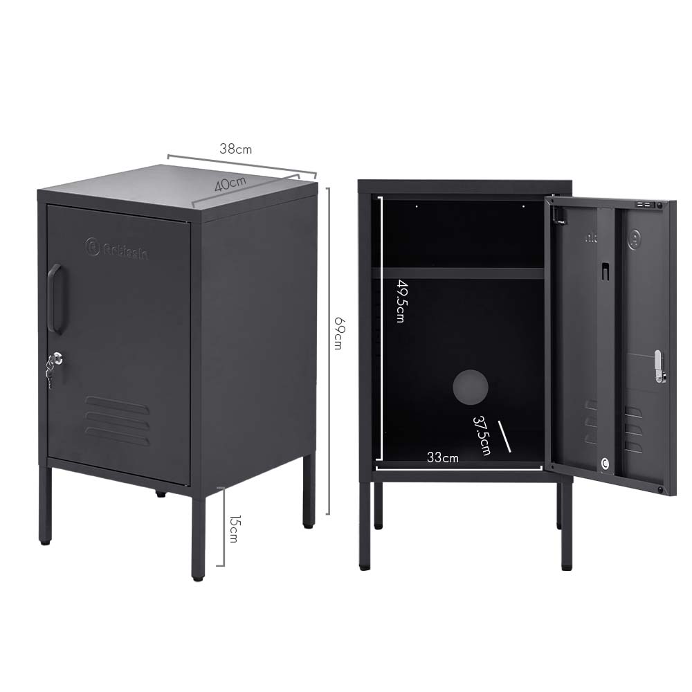 ArtissIn Mini Metal Locker in black, featuring a stylish design and adjustable shelf, perfect for bedroom storage.