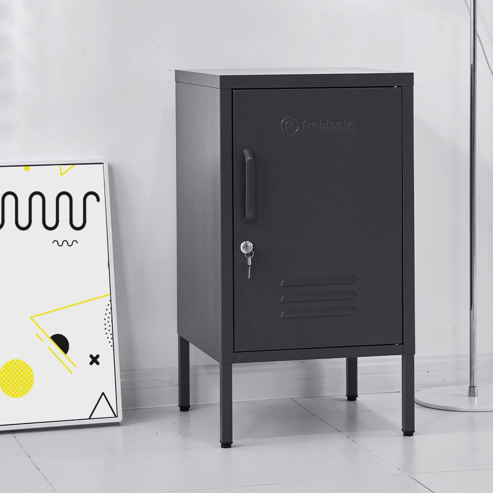 ArtissIn Mini Metal Locker in black, featuring a stylish design and adjustable shelf, perfect for bedroom storage.