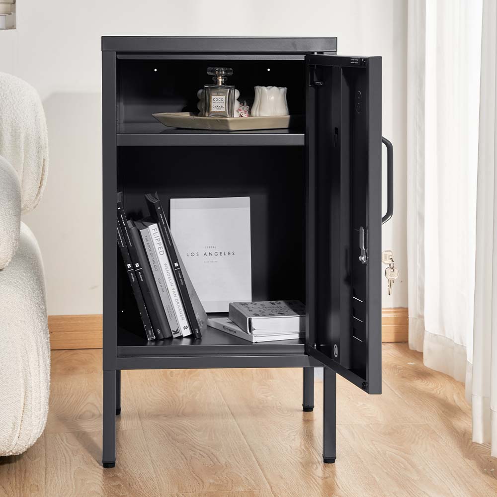 ArtissIn Mini Metal Locker in black, featuring a stylish design and adjustable shelf, perfect for bedroom storage.