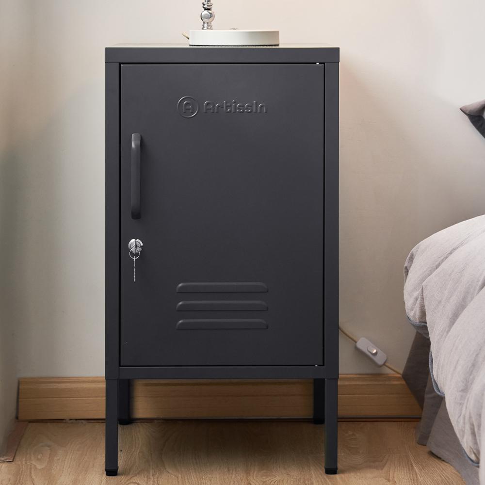 ArtissIn Mini Metal Locker in black, featuring a stylish design and adjustable shelf, perfect for bedroom storage.