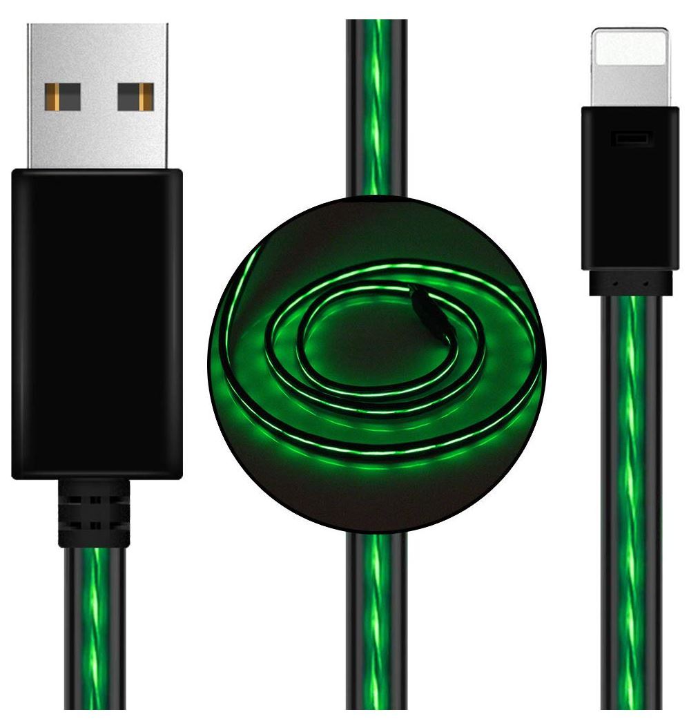 Astrotek 1m LED Light Up USB Lightning Data Sync cable glowing in the dark, showcasing its illuminated design and compatibility with Apple devices.