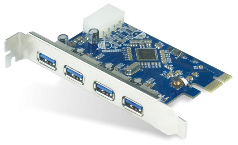 ASTROTEK 4x Ports USB 3.0 PCIe Adapter with four USB 3.0 type A female connectors and a 4-pin power connector.