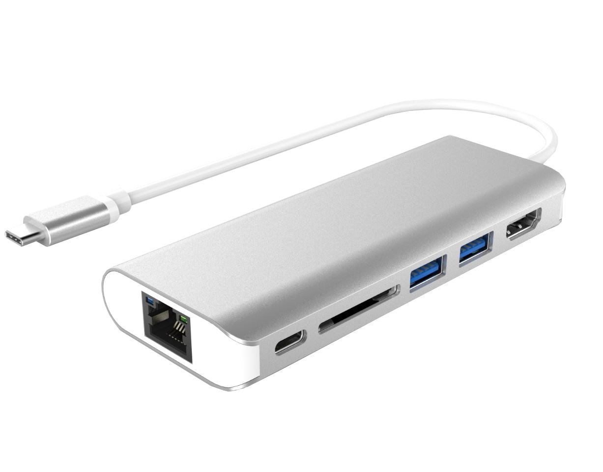 ASTROTEK All-in-One Dock featuring USB-C, HDMI, USB 3.0 ports, and SD card reader in a sleek silver design.