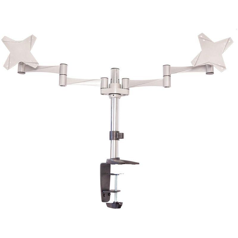 Astrotek Dual Monitor Arm Desk Mount Stand showcasing two LCD displays mounted securely with adjustable features.