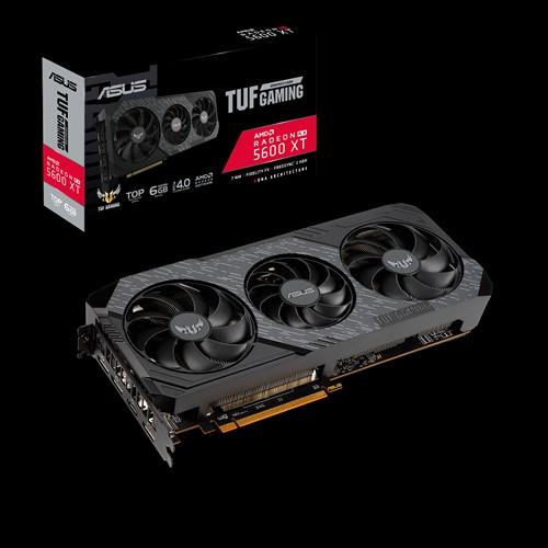 ASUS AMD Radeon TUF 3-RX5600XT-T6G-EVO-GAMING graphics card showcasing its sleek design and advanced cooling features.