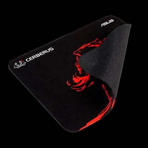 ASUS Cerberus Mat Mini in red, measuring 250x210x2mm, featuring a non-slip rubber base and optimized surface for gaming.