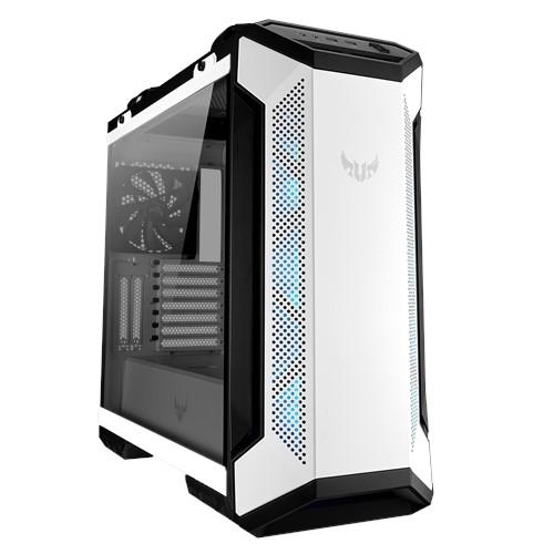 ASUS GT501 TUF Gaming Case in white with tempered glass side panel and RGB fans, showcasing a stylish and functional design.