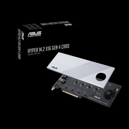 ASUS Hyper M.2 x16 Gen 4 Card showcasing four M.2 slots and a large heatsink with an active fan for cooling.