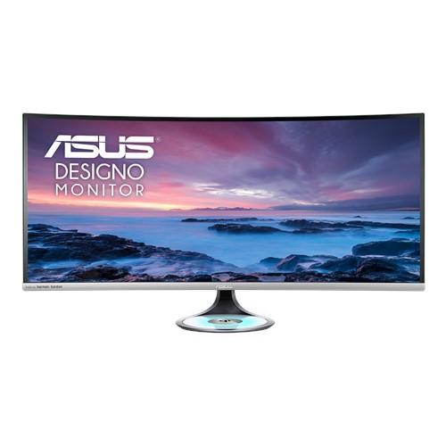 ASUS MX38VC 37.5-inch Ultra-wide Curved Monitor with frameless design and Qi wireless charger.