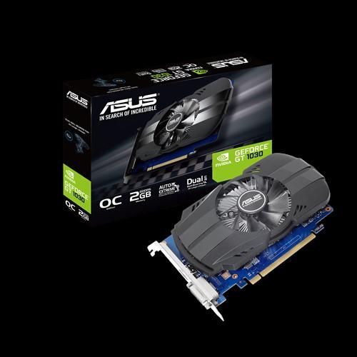 ASUS nVidia Phoenix GeForce GT1030 2GB OC Edition graphics card with a single fan, showcasing its sleek design and ports.