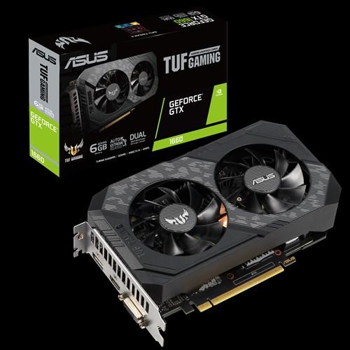 ASUS nVidia TUF-GTX1660-6G-GAMING graphics card with dual fans and sleek design.