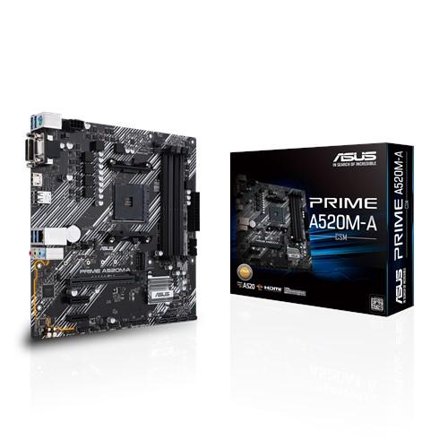 ASUS PRIME A520M-A/CSM Micro ATX Motherboard with M.2 support and various connectivity options.