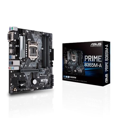 ASUS PRIME B365M-A Intel LGA-1151 mATX motherboard with RGB header and DDR4 support, showcasing its sleek design and connectivity options.