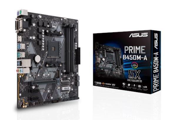 ASUS PRIME B450M-A AMD AM4 mATX motherboard with RGB header and multiple connectivity options.