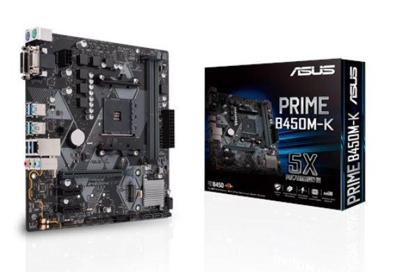 ASUS PRIME B450M-K AMD AM4 mATX motherboard with LED lighting and multiple connectivity options.