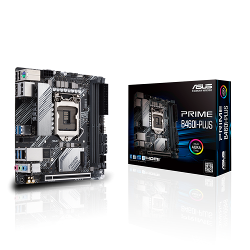 ASUS PRIME B460I-PLUS Mini-ITX motherboard showcasing Aura Sync RGB lighting and connectivity ports.