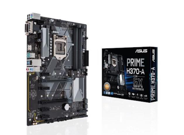 ASUS PRIME H370-A ATX motherboard showcasing its features including DDR4 slots and M.2 connectors.