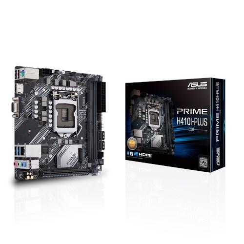 ASUS PRIME H410I-PLUS/CSM Mini-ITX motherboard with Intel H410 chipset and various ports.