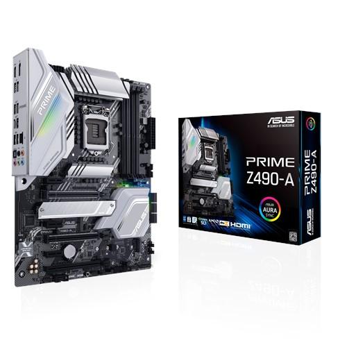 ASUS PRIME Z490-A ATX motherboard with LGA 1200 socket, showcasing dual M.2 slots, HDMI, DisplayPort, and RGB lighting.