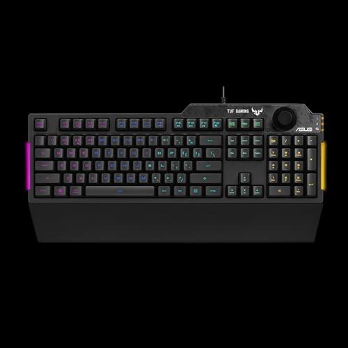 ASUS TUF Gaming K1 RGB Keyboard with volume knob and ergonomic wrist rest, showcasing dynamic RGB lighting.