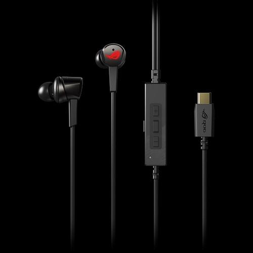 ASUS ROG CETRA in-ear gaming headphones with microphone, showcasing ergonomic design and USB-C connector.