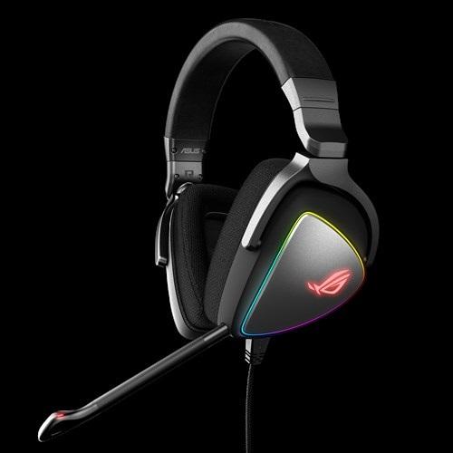 ASUS ROG DELTA Headset showcasing RGB lighting and USB-C connector, designed for immersive gaming audio.