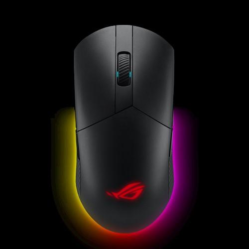 ASUS ROG Pugio II Wireless Optical Gaming Mouse with RGB lighting and customizable buttons, showcasing its sleek and lightweight design.