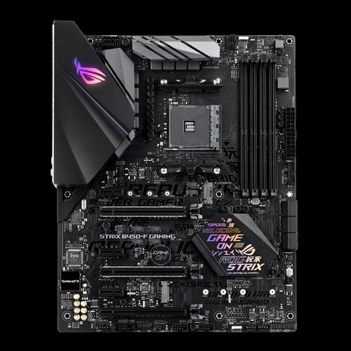 ASUS ROG STRIX B450-F GAMING motherboard with RGB lighting and multiple connectivity options.