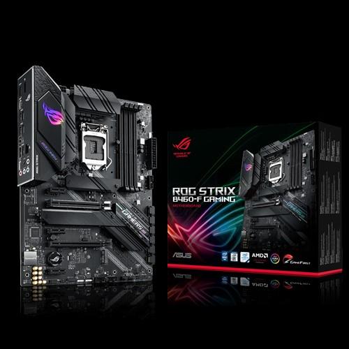 ASUS ROG STRIX B460-F GAMING ATX Motherboard showcasing its sleek design and RGB lighting features.