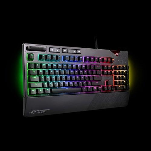 ASUS ROG Strix Flare RGB Mechanical Gaming Keyboard with Cherry MX switches, featuring customizable lighting and ergonomic wrist rest.