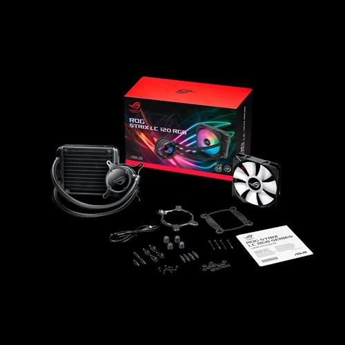 ASUS ROG Strix LC 120 RGB All-in-One Liquid CPU Cooler with Aura Sync, featuring a sleek design and RGB lighting.