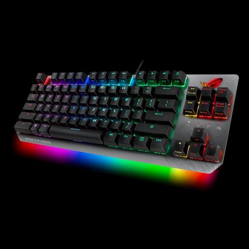 ASUS ROG Strix Scope TKL wired mechanical RGB gaming keyboard with Cherry MX switches and detachable cable, showcasing its sleek design.