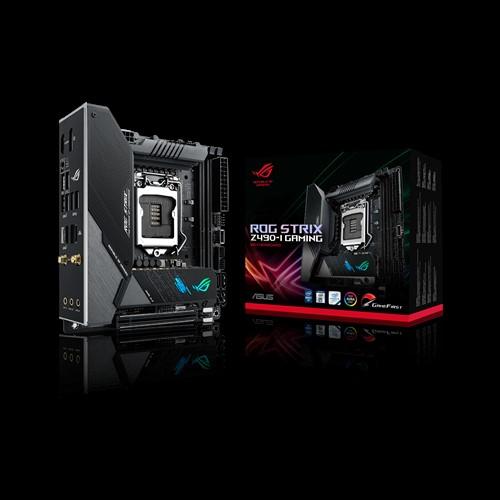 ASUS ROG STRIX Z490-I GAMING motherboard showcasing its compact Mini ITX design and advanced cooling features.