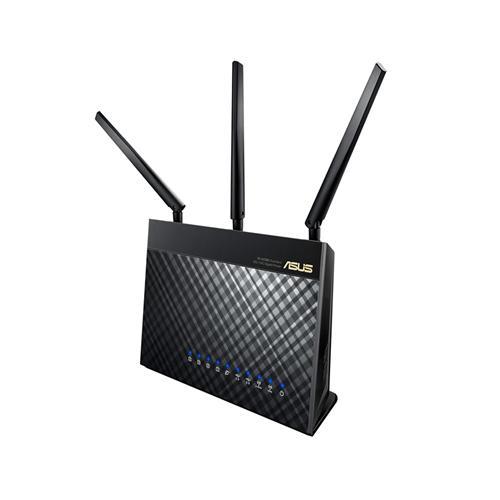 ASUS RT-AC68U V3 Wireless Gigabit Router with three antennas and USB ports, showcasing its sleek design and advanced features.