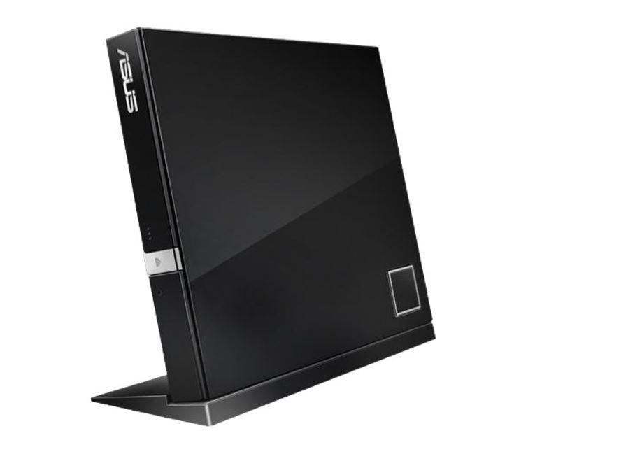 ASUS SBW-06D2X-U PRO external Blu-ray writer in black, showcasing its sleek design and USB interface.